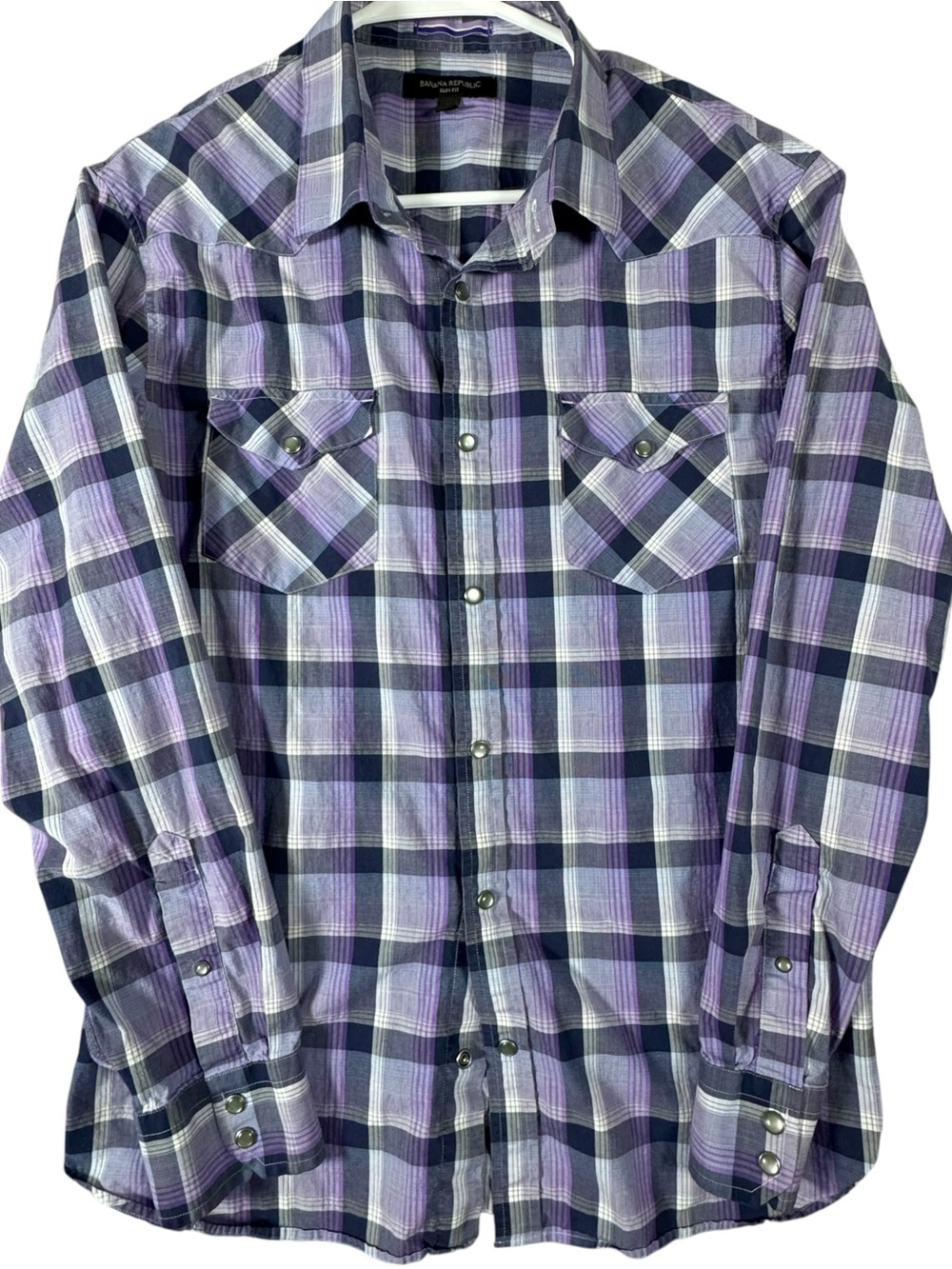 Banana Republic Purple and Navy Plaid Western Slim Fit Button-Down Shirt